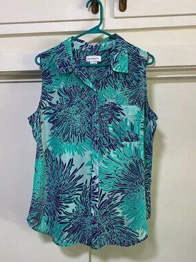 Liz Claiborne, sleeveless, turquoise, blue & navy, button-down blouse, size L